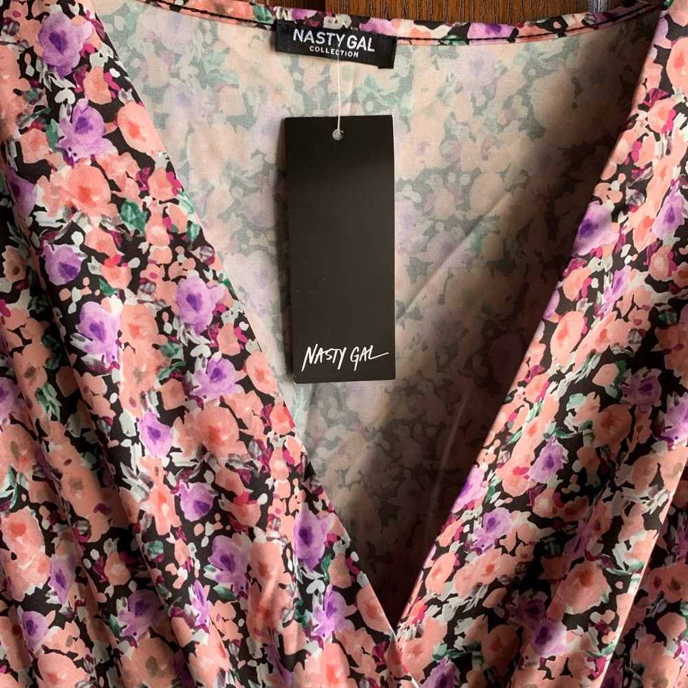 NWT Nasty Gal pink floral frilly faux wrap dress - Picture 12 of 16
